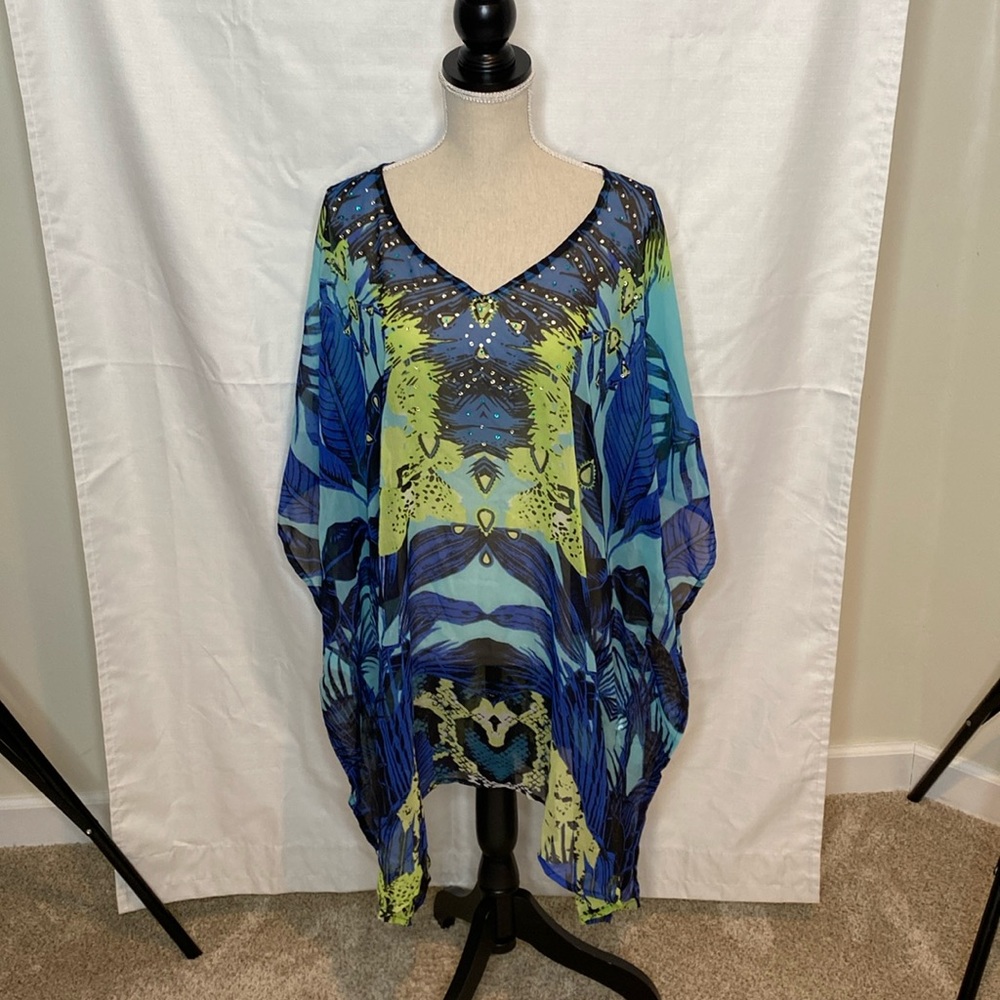 ❤️87 NWT Cruise Club Embellished Swim Cover Up One Size Blue Green Beaded Resort